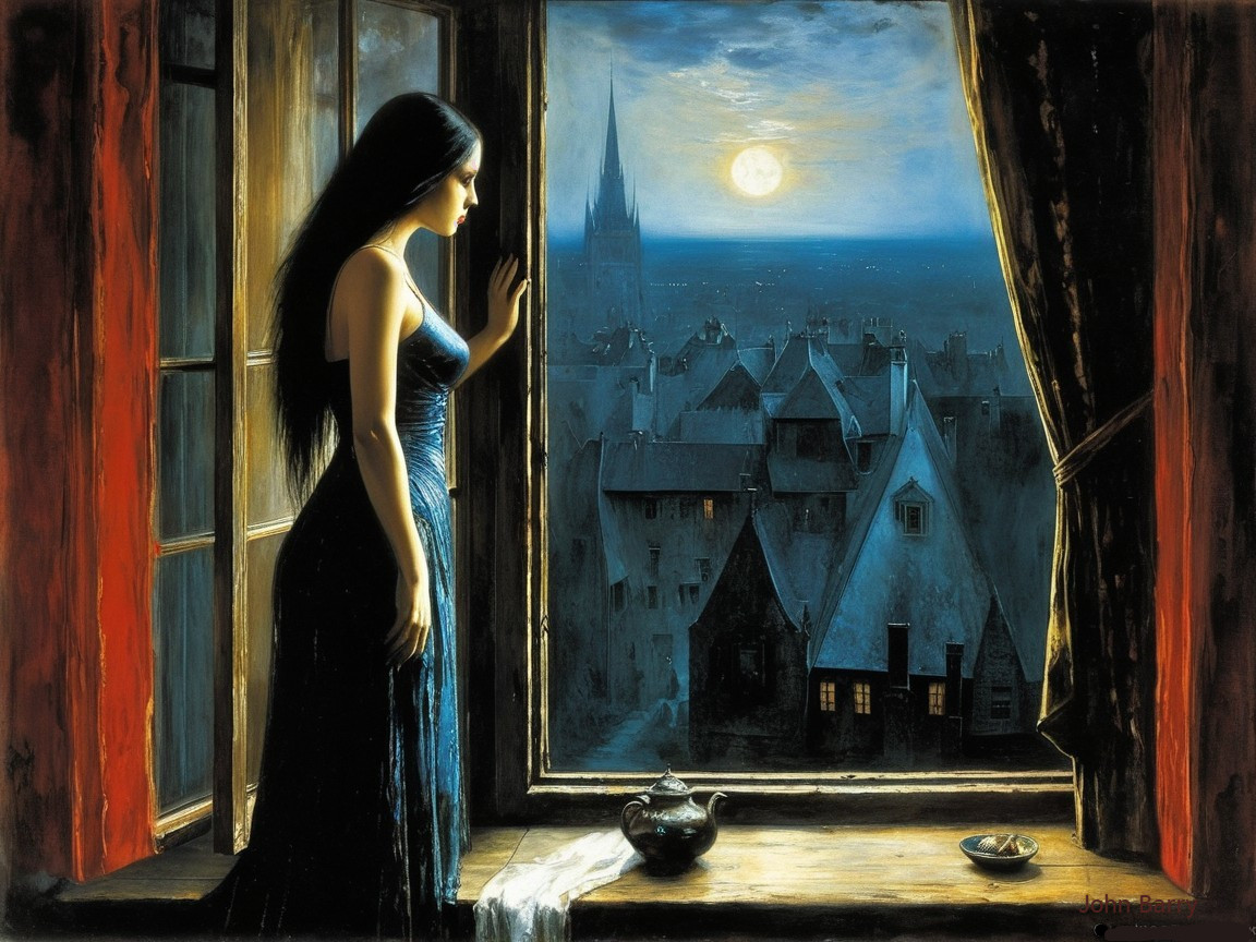 Woman in Blue Dress Gazing at Moonlit Cityscape