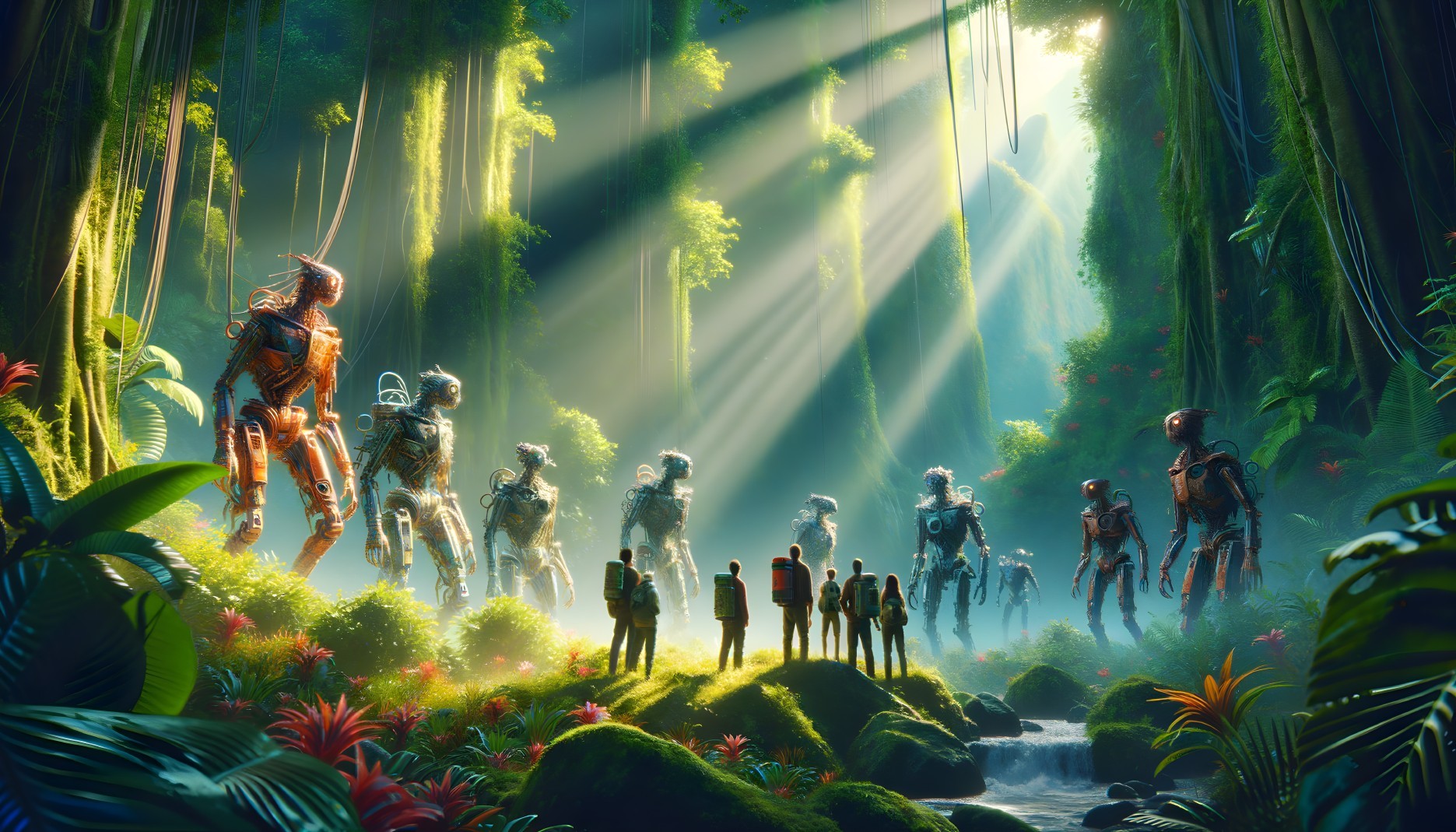 Humans and robots in sunlit forest with waterfalls