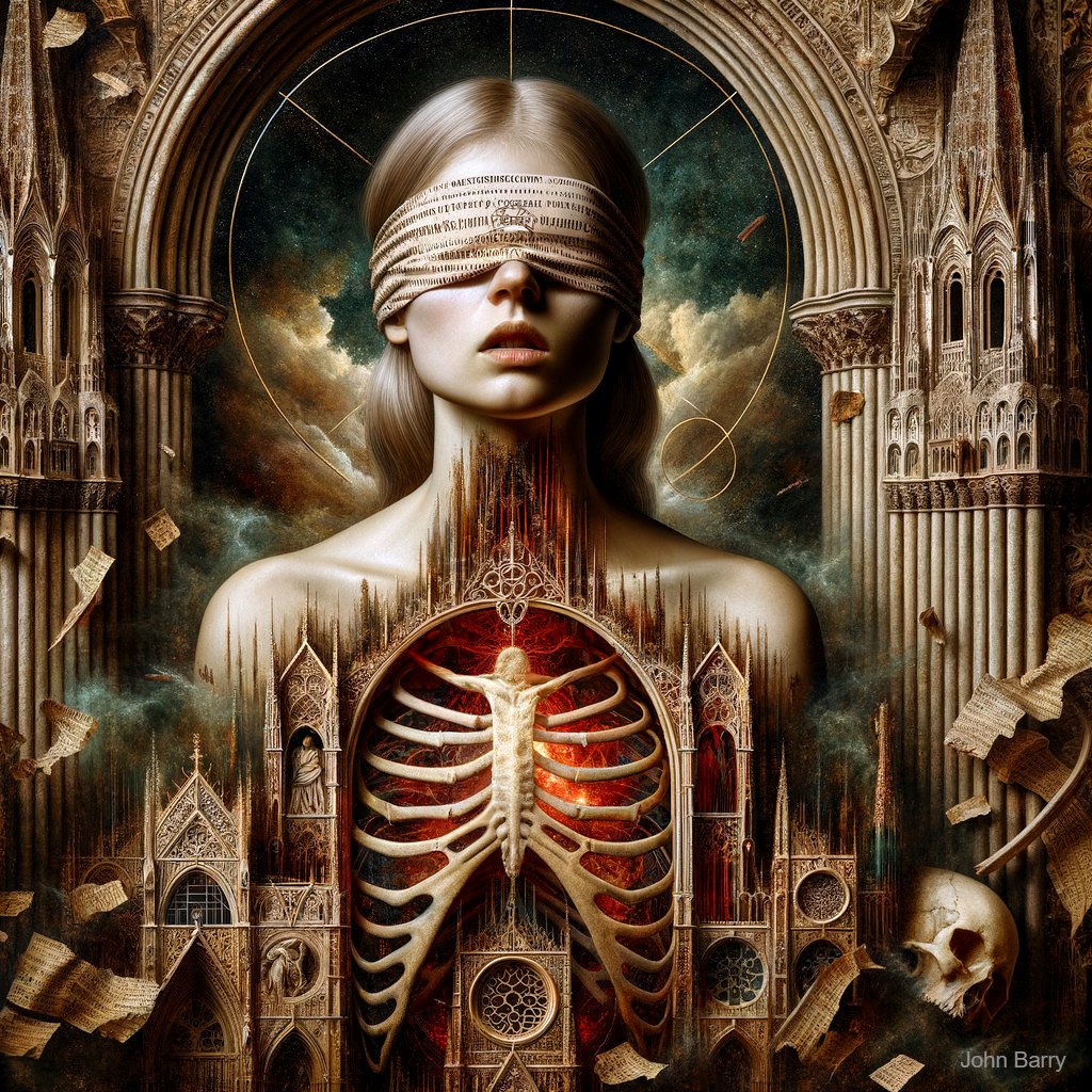 Haunting Figure with Blindfold in Gothic Setting