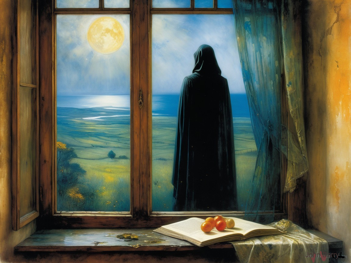 Cloaked Figure by Window Overlooking Moonlit Landscape