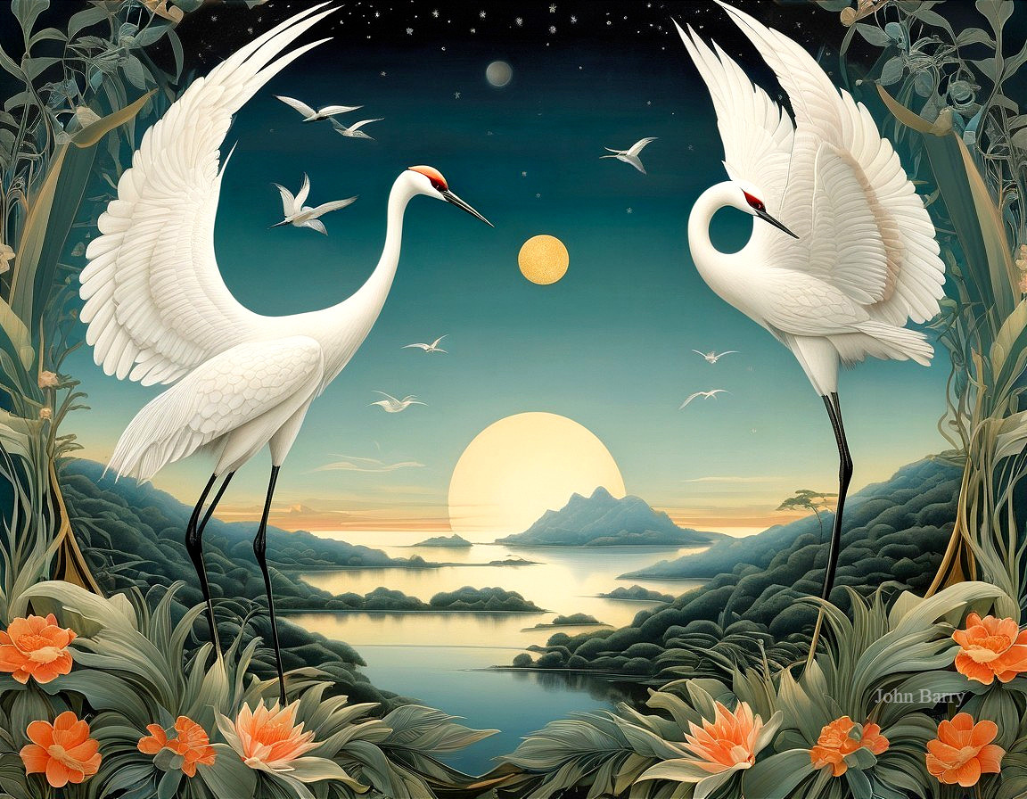 Elegant White Cranes in Serene Landscape Artwork