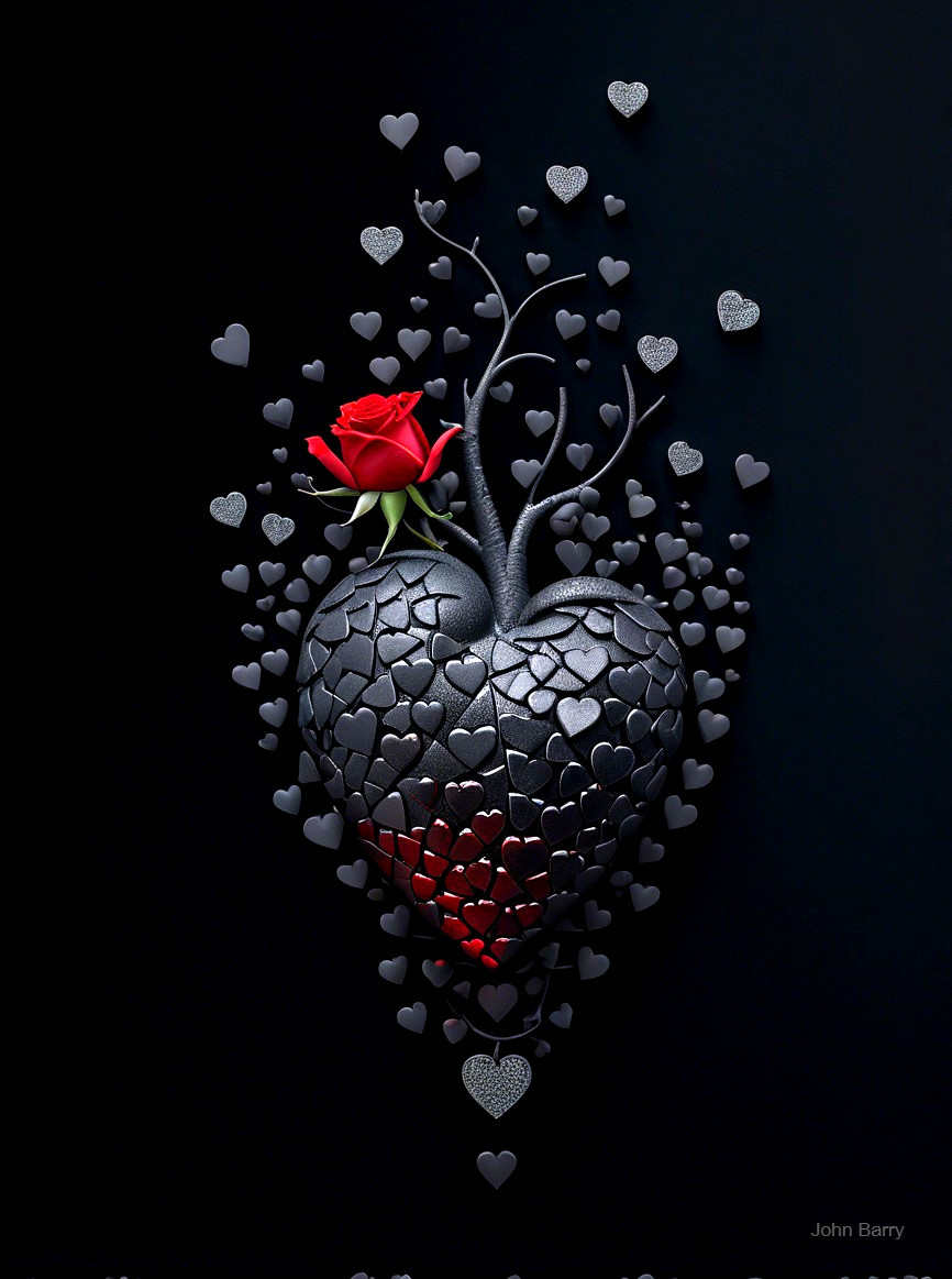 Heart Made of Shattered Black Pieces with Red Rose