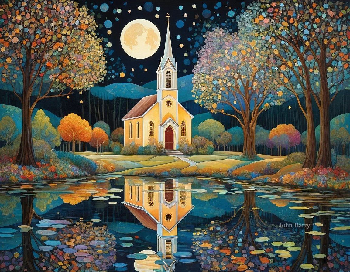 Serene Church Landscape with Autumn Trees and Moonlight