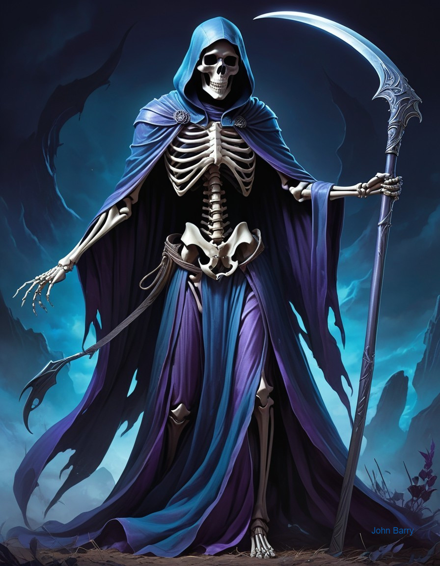 Skeletal Figure in Dark Robes with Scythe and Fog