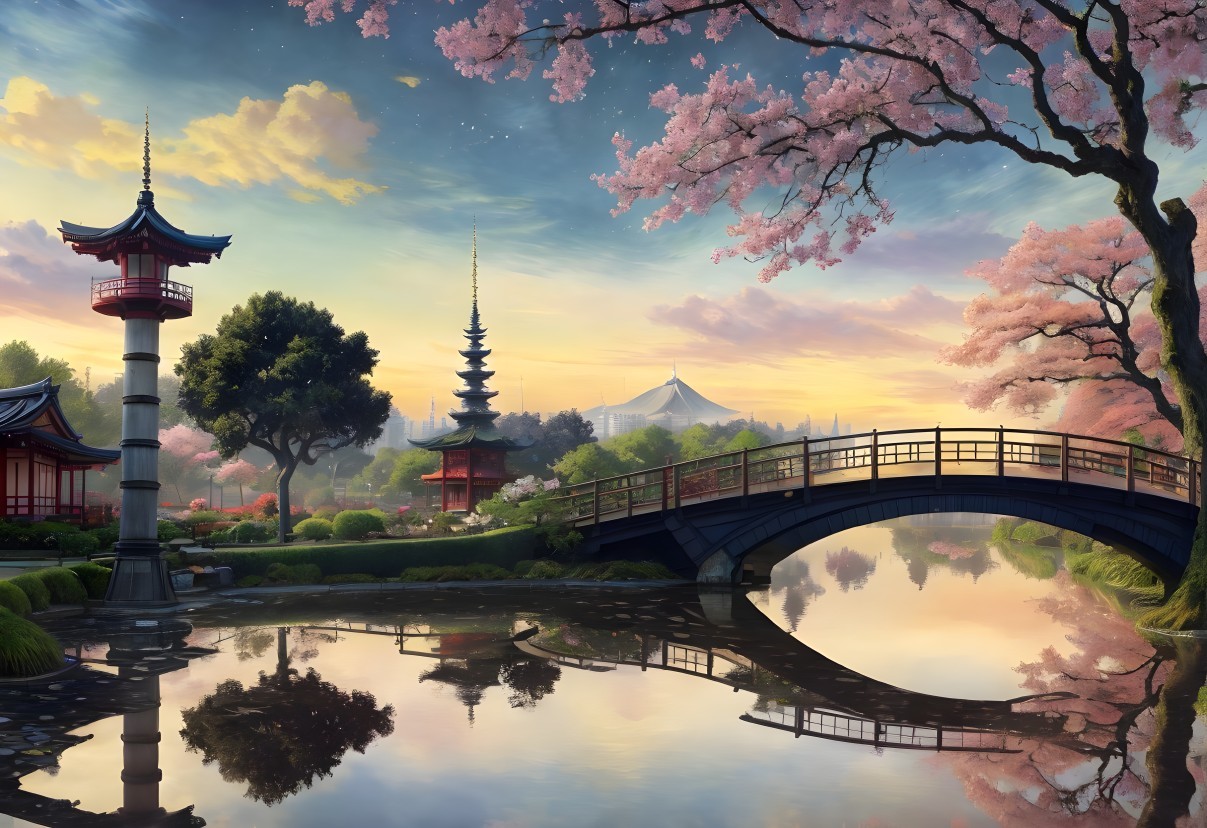 Cherry Blossoms and Pond with Mountain Backdrop
