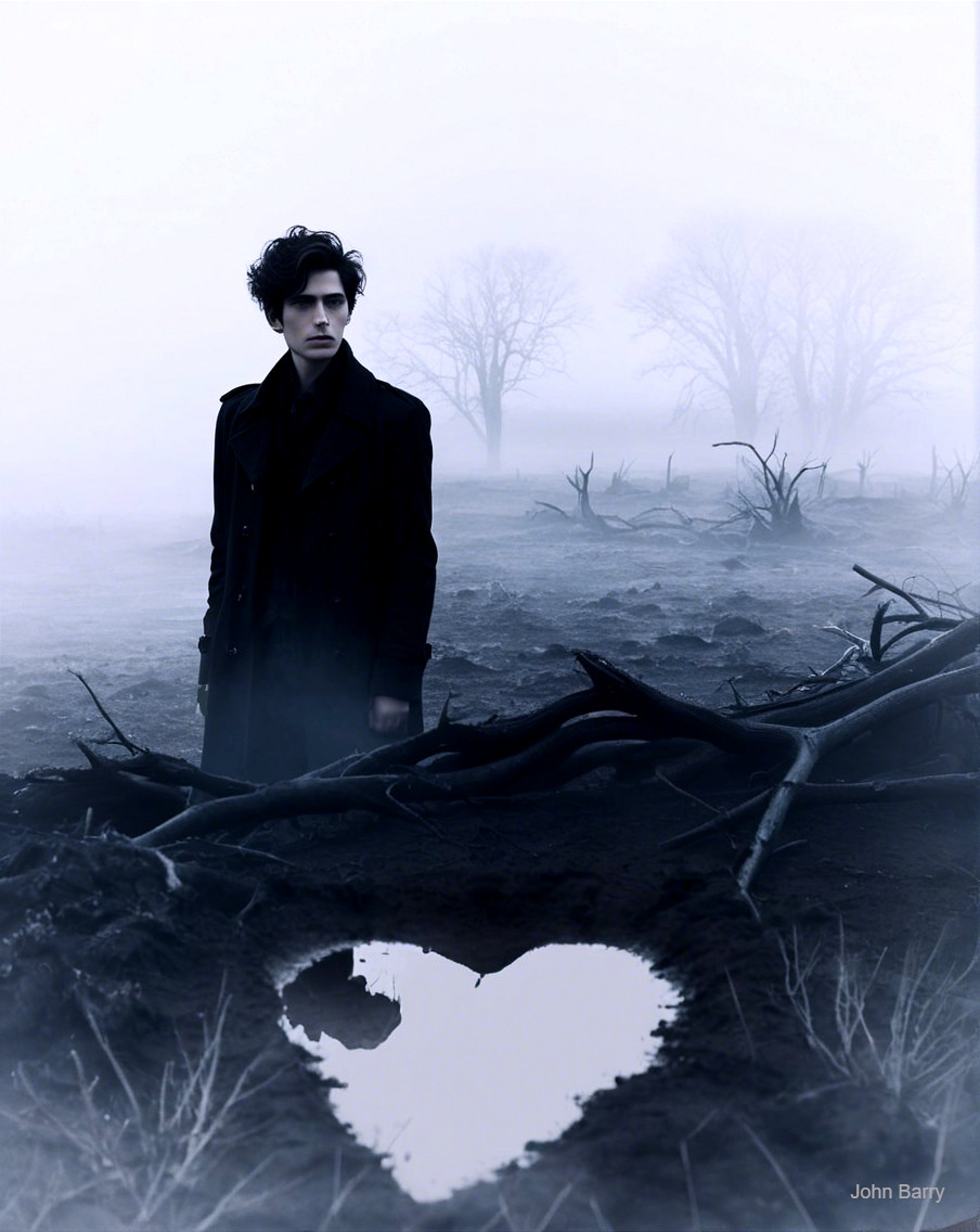 Young Man in Dark Overcoat in Misty Landscape