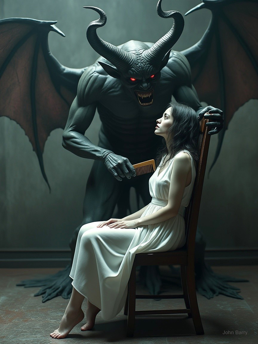 Sinister Figure with Horns and Wings in Dim Room