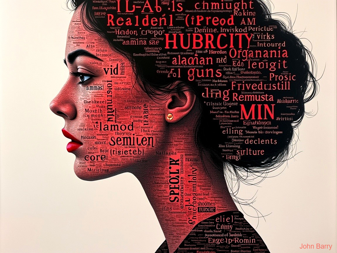 Stylized Profile of a Woman Made from Words and Phrases