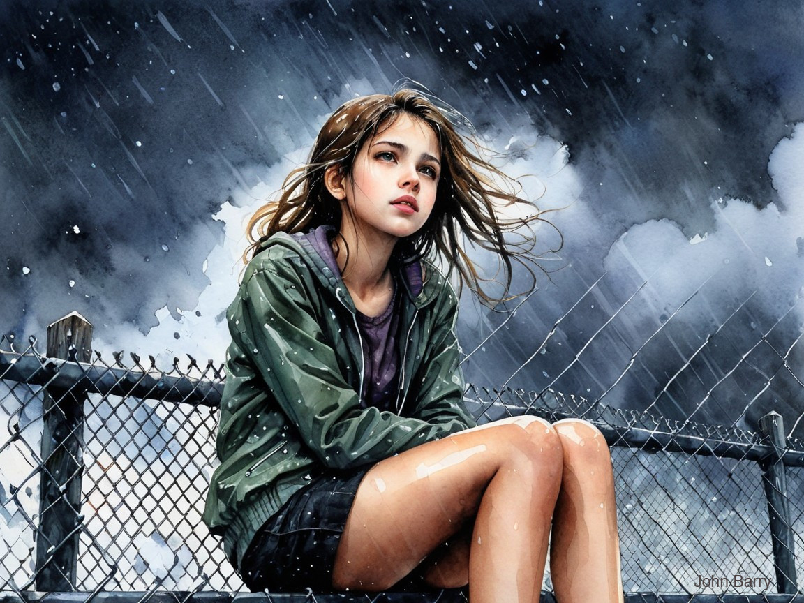 Girl on a fence under stormy sky with rain