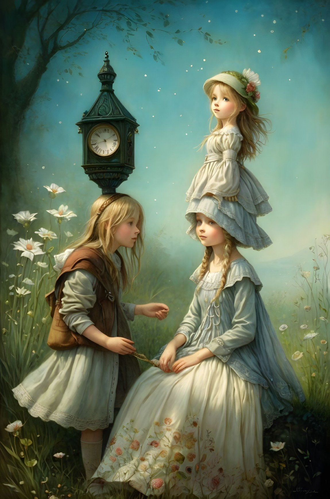 Vintage dresses: Three girls by ornate clock in flower-filled landscape