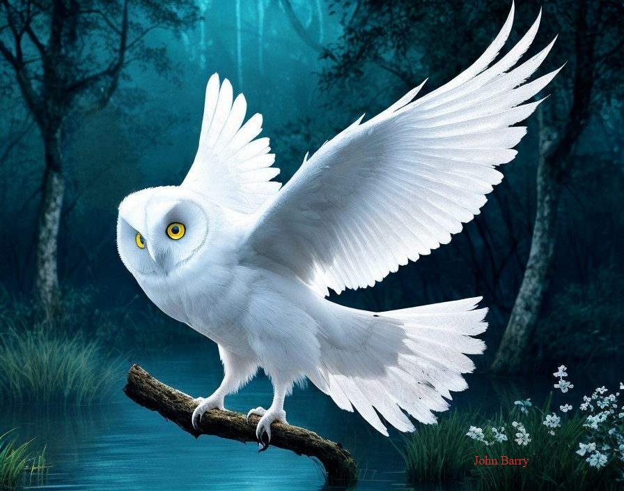 White Owl Perched in Moonlit Forest Setting