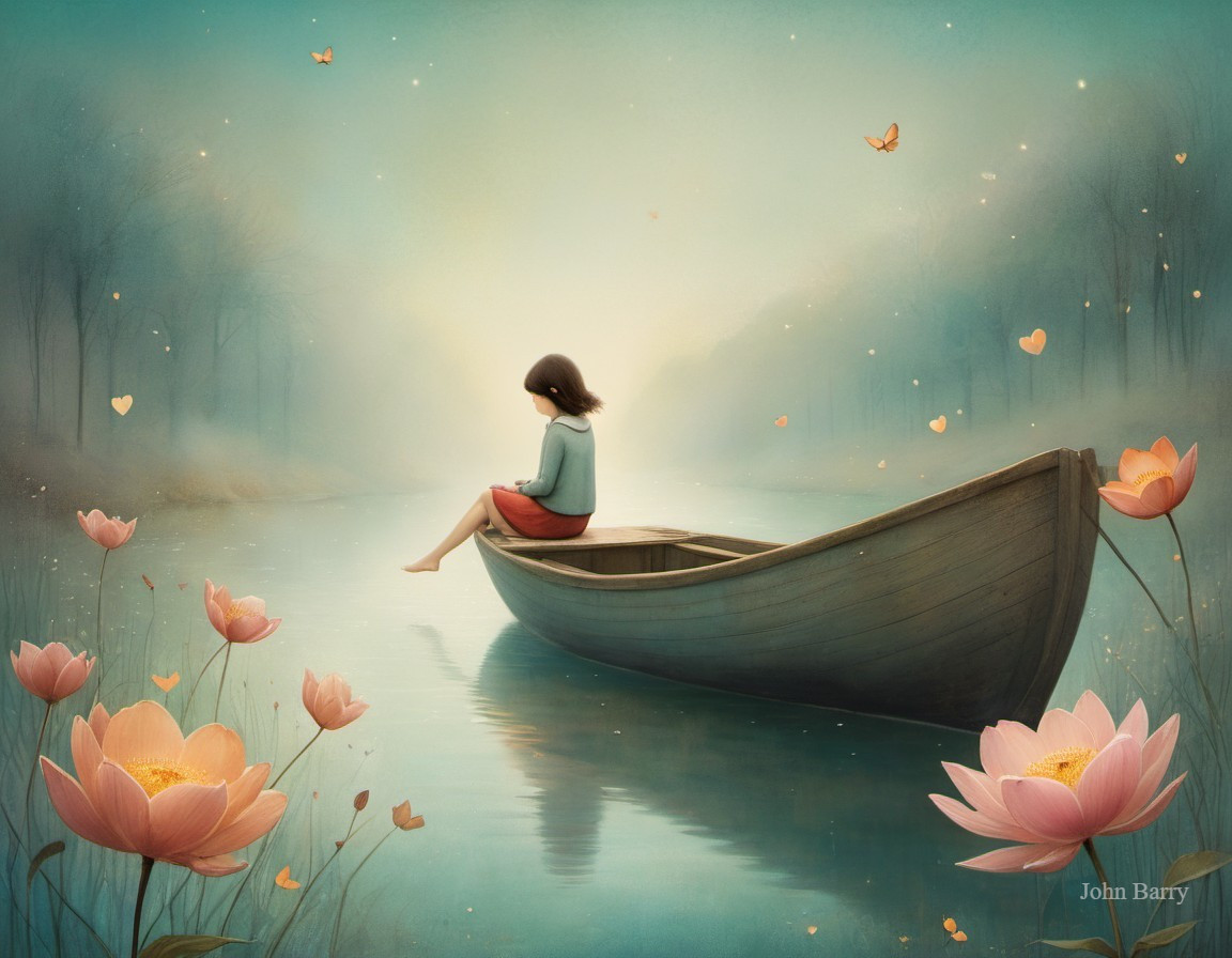 Girl on a Boat Surrounded by Lotus Flowers and Mist