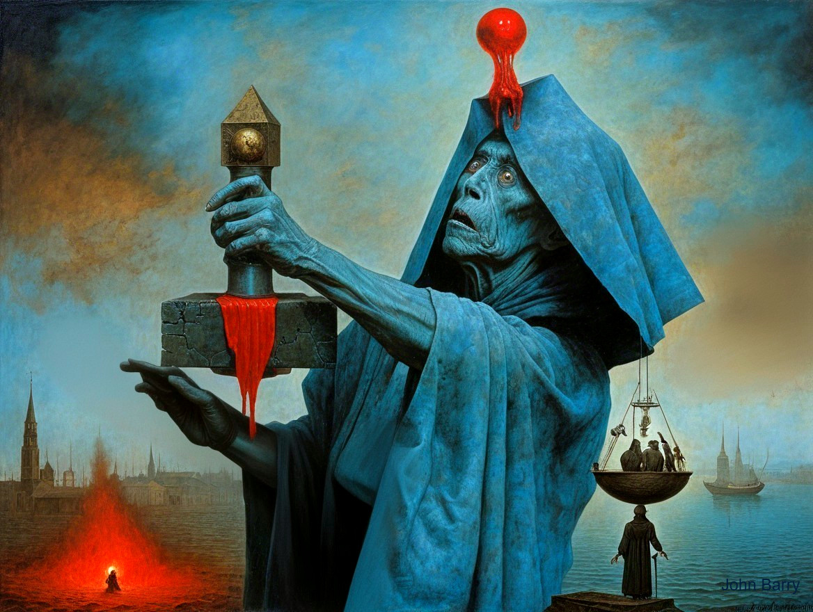 Surreal Scene with Ghostly Figure and Haunting Landscape