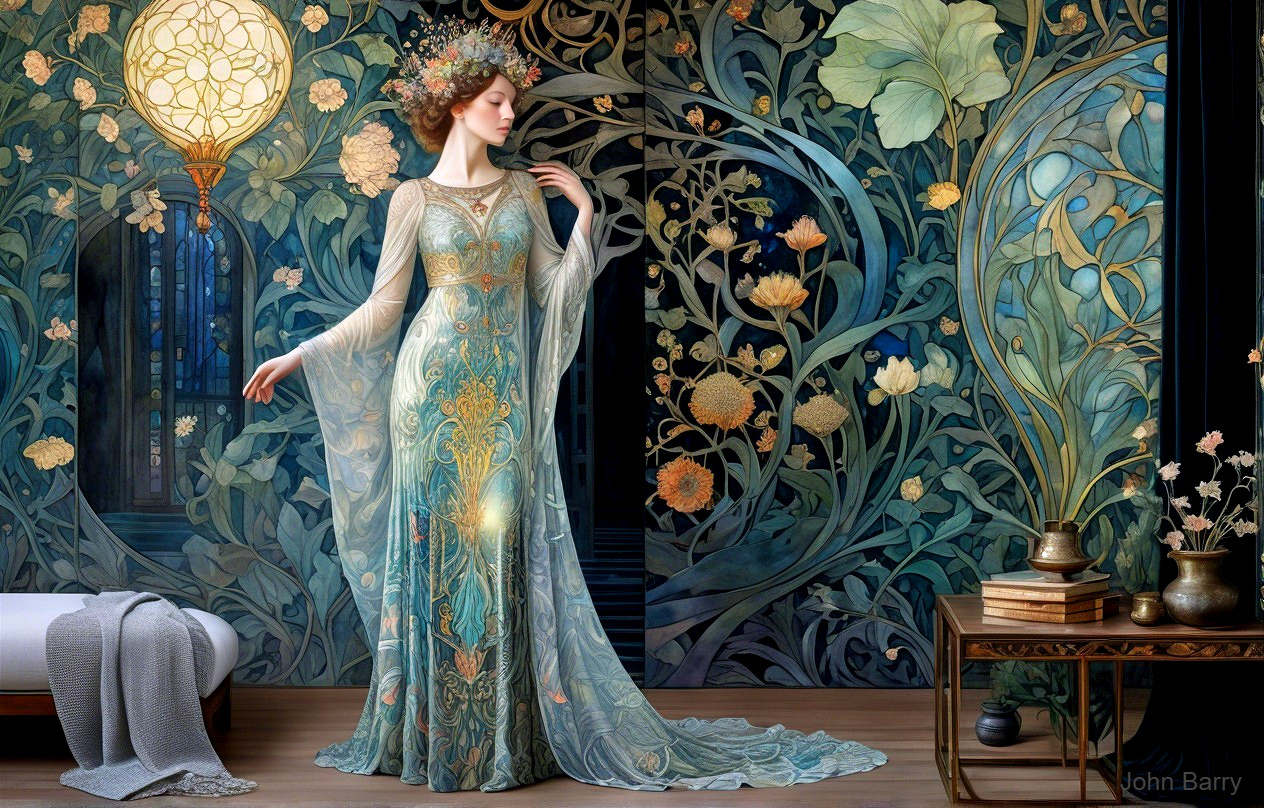 Elegant woman in floral-themed room with gown