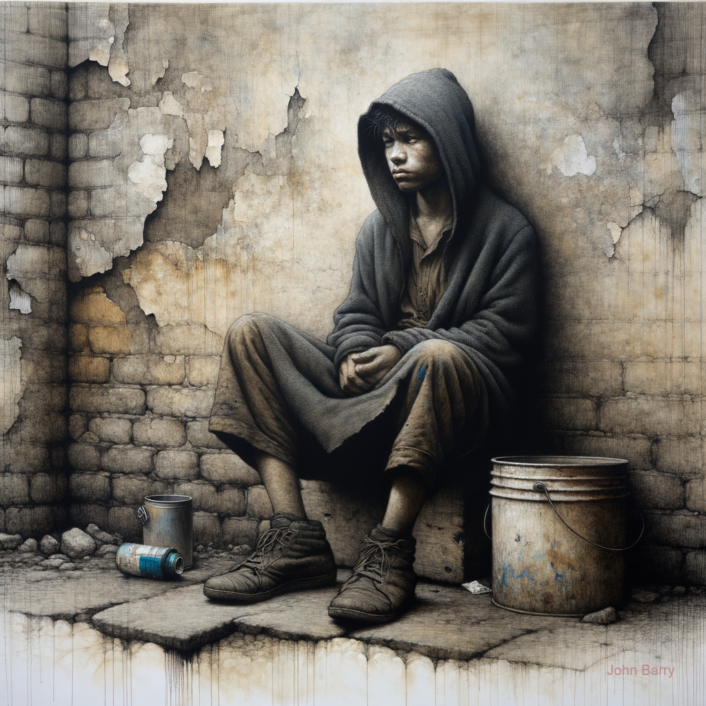 Young Boy in Tattered Clothing by Brick Wall