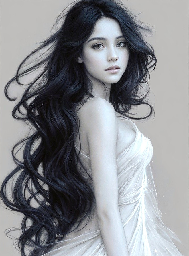 Elegant Young Woman in Sheer Gown with Black Hair