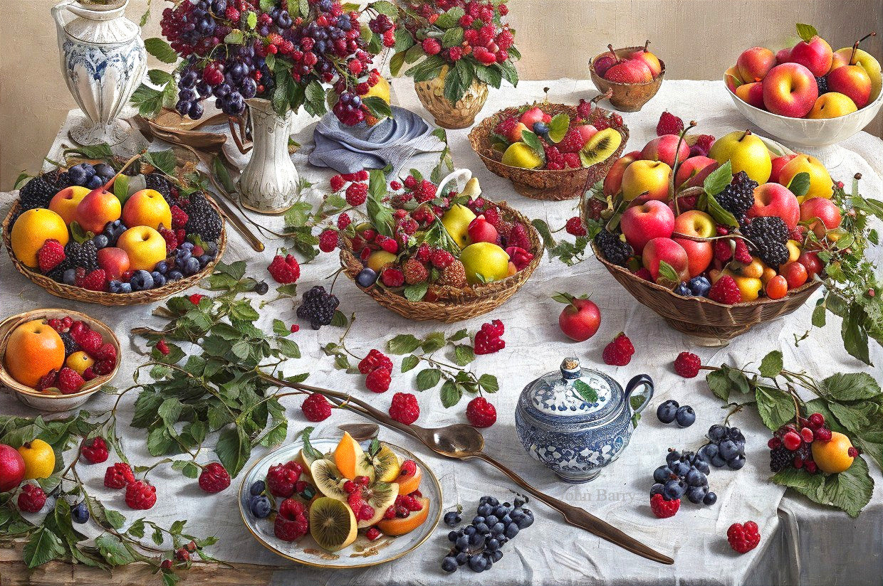 Colorful Fruit Still Life with Decorative Teapot