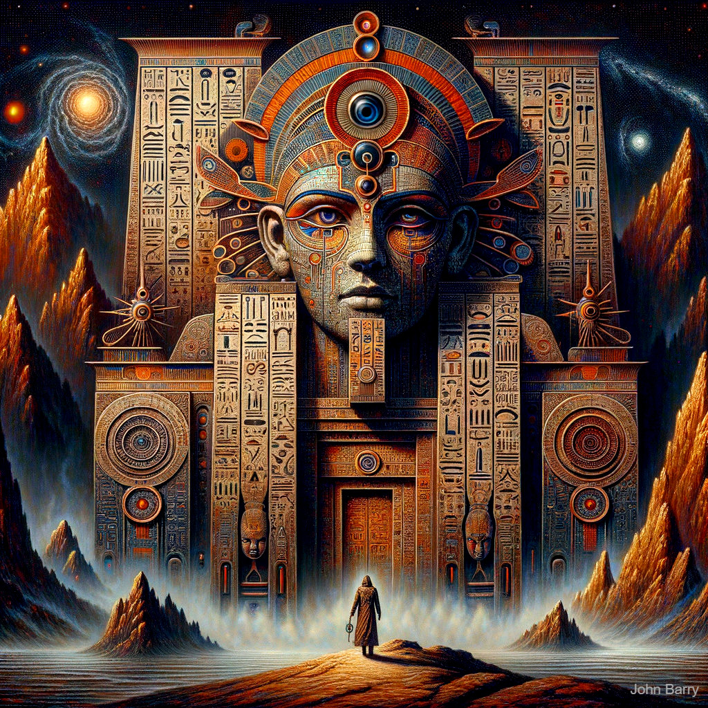 Ancient temple with cosmic backdrop and vibrant details