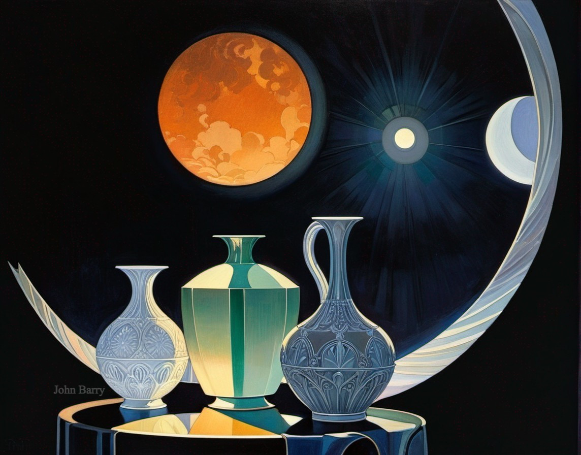 Three Elegant Vases Against a Cosmic Background