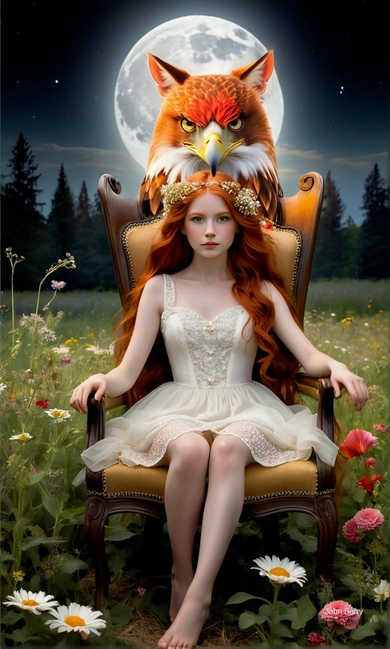 Young Woman in White Dress Among Daisies and Creature