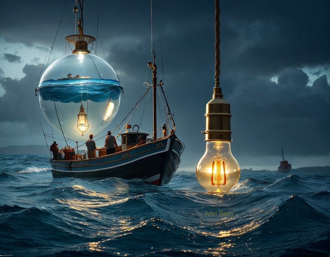 Surreal Seascape with Fishing Boat and Glass Orbs