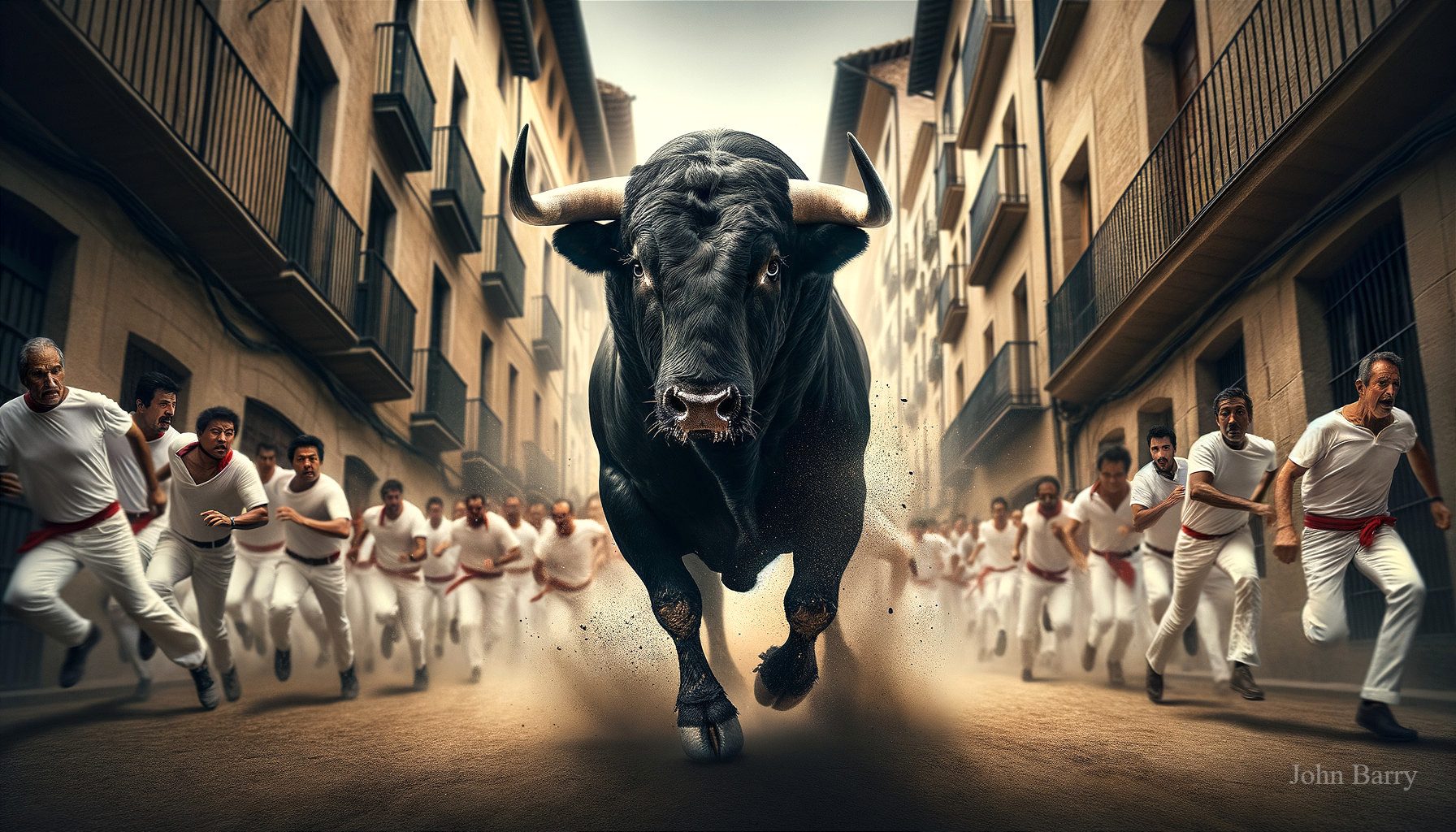 Black Bull Charges Down Dusty Street with Running Men