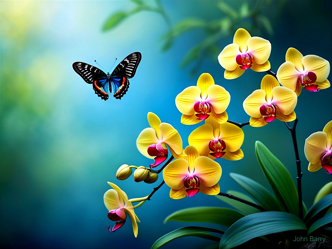 Bright Yellow Orchids with Butterfly in Tranquil Setting