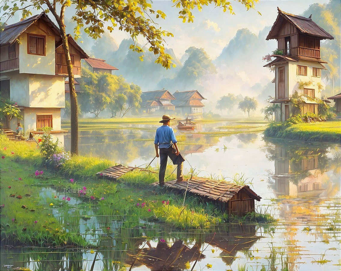 Tranquil River Landscape with Lush Greenery and Mist