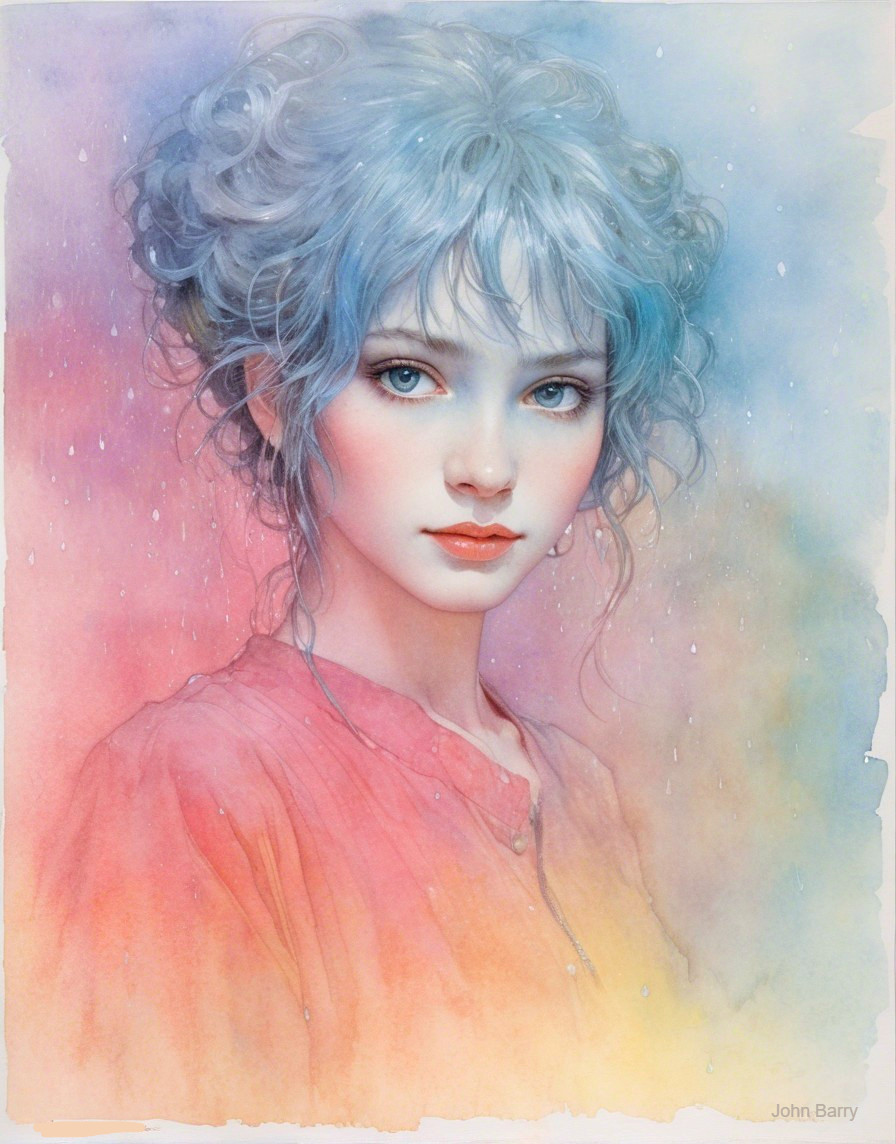 Young Woman with Blue Eyes and Pastel Background