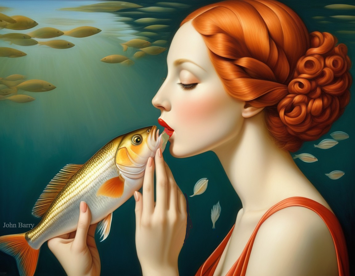Woman with Red Hair and Fish in Underwater Scene