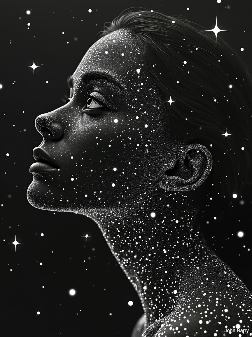Profile of a Woman with Cosmic Patterns and Stars