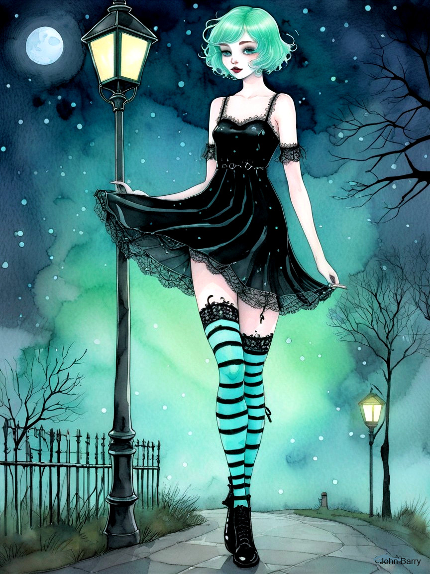 Whimsical Night Scene with Mint Green Hair and Lace Dress