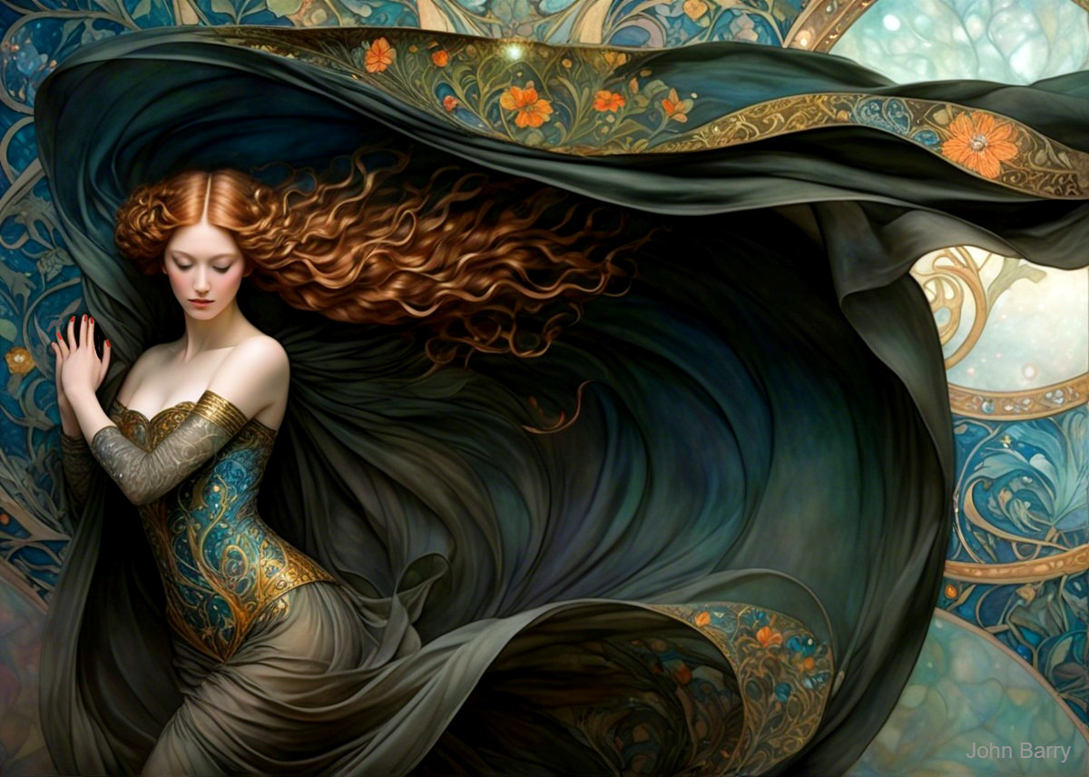 Graceful woman in vibrant dress with flowing hair