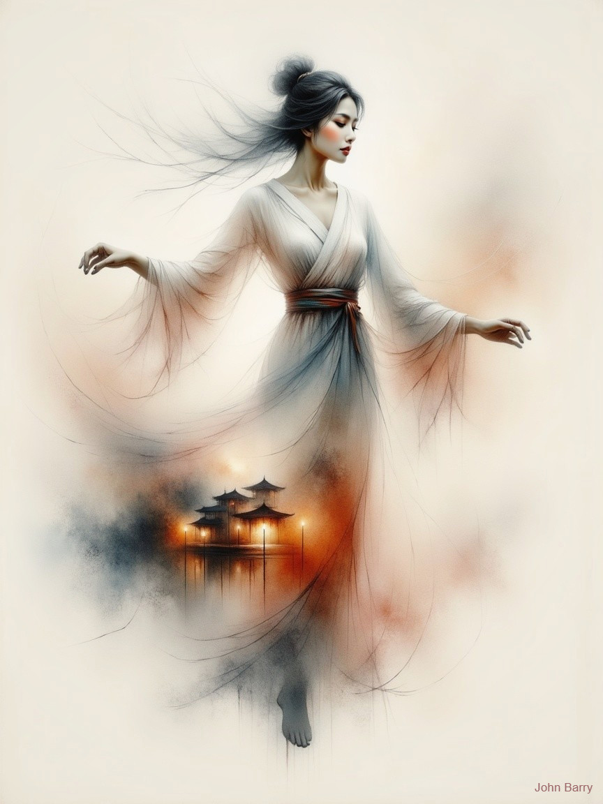 Ethereal Figure in White Kimono with Pagoda Background