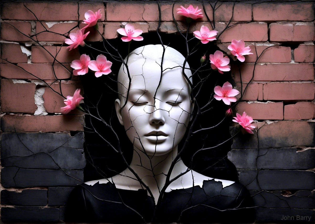 White Mannequin with Cracked Surface and Flowers
