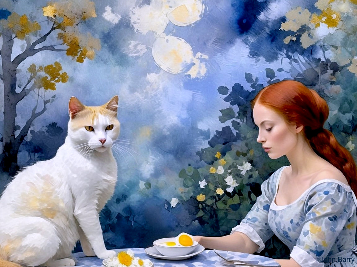 Young Woman with Red Hair and Cat in Serene Setting