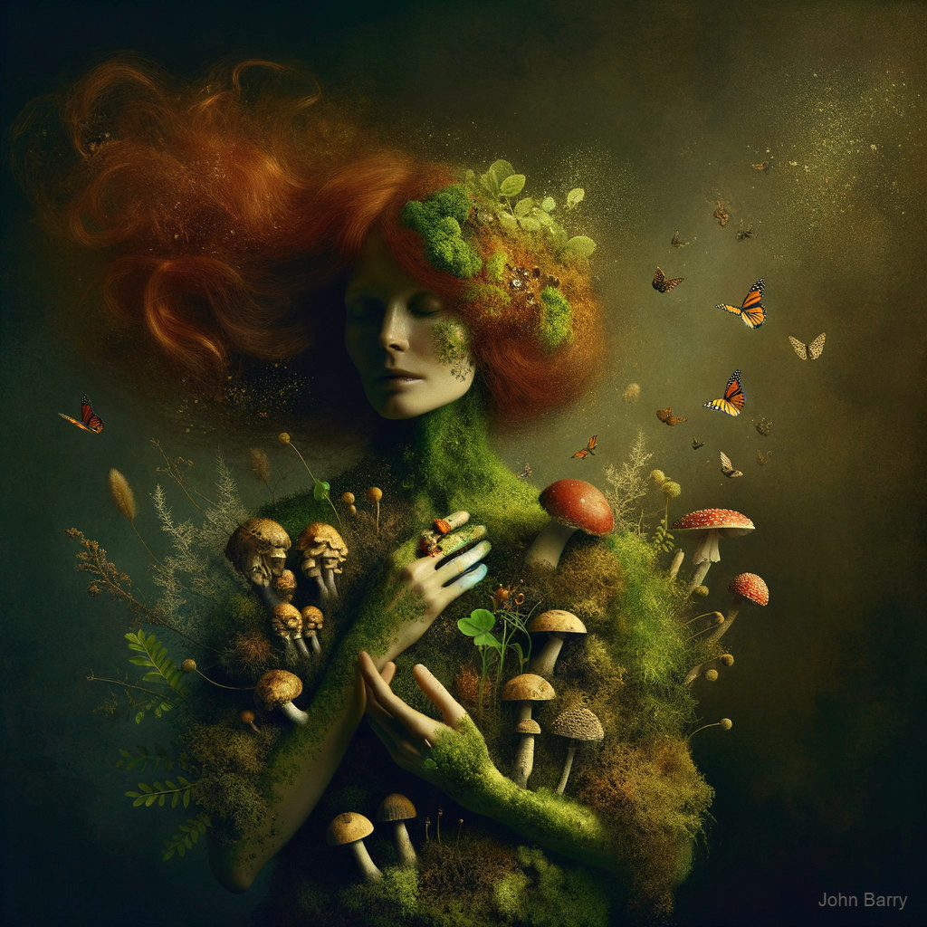 Surreal Woman Blending with Nature and Butterflies