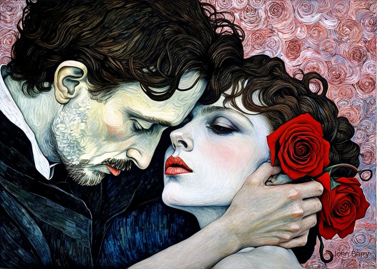 Couple Embracing with Roses in Romantic Artwork