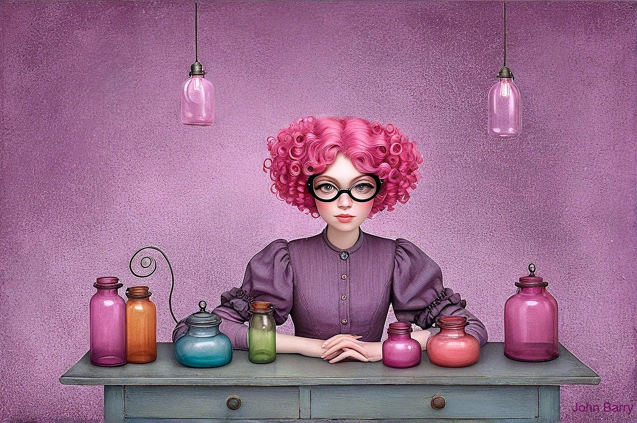 Whimsical Scene of Girl with Pink Hair and Glass Jars