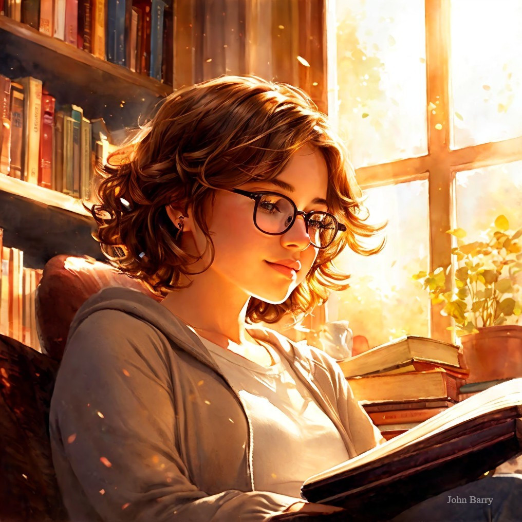 Young girl reading in sunlit, cozy book-filled room