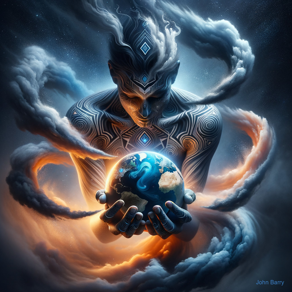 Divine Figure Cradling Earth in Cosmic Energy Scene