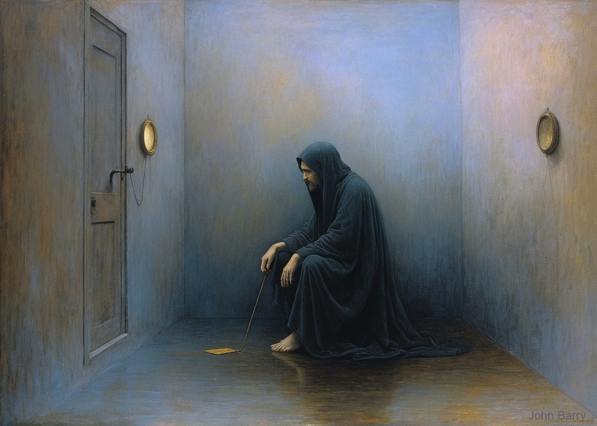Solitary Figure in Dark Robe in Dim Space with Mirrors