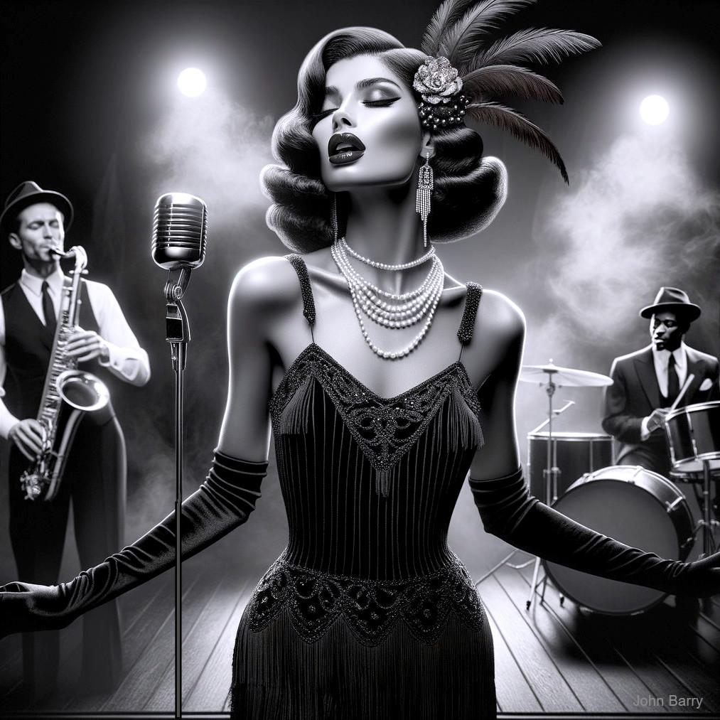 Glamorous Singer in Vintage Flapper Dress on Stage