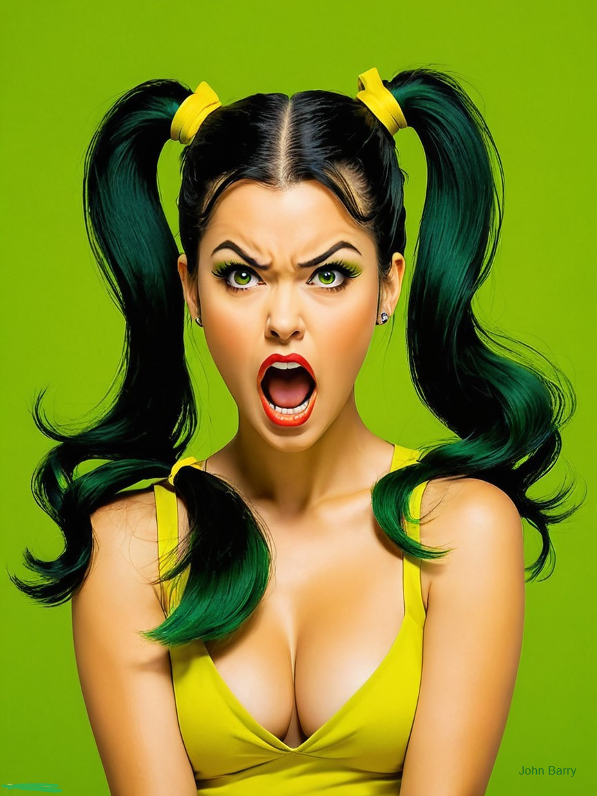 Young woman with teal hair and bold green background