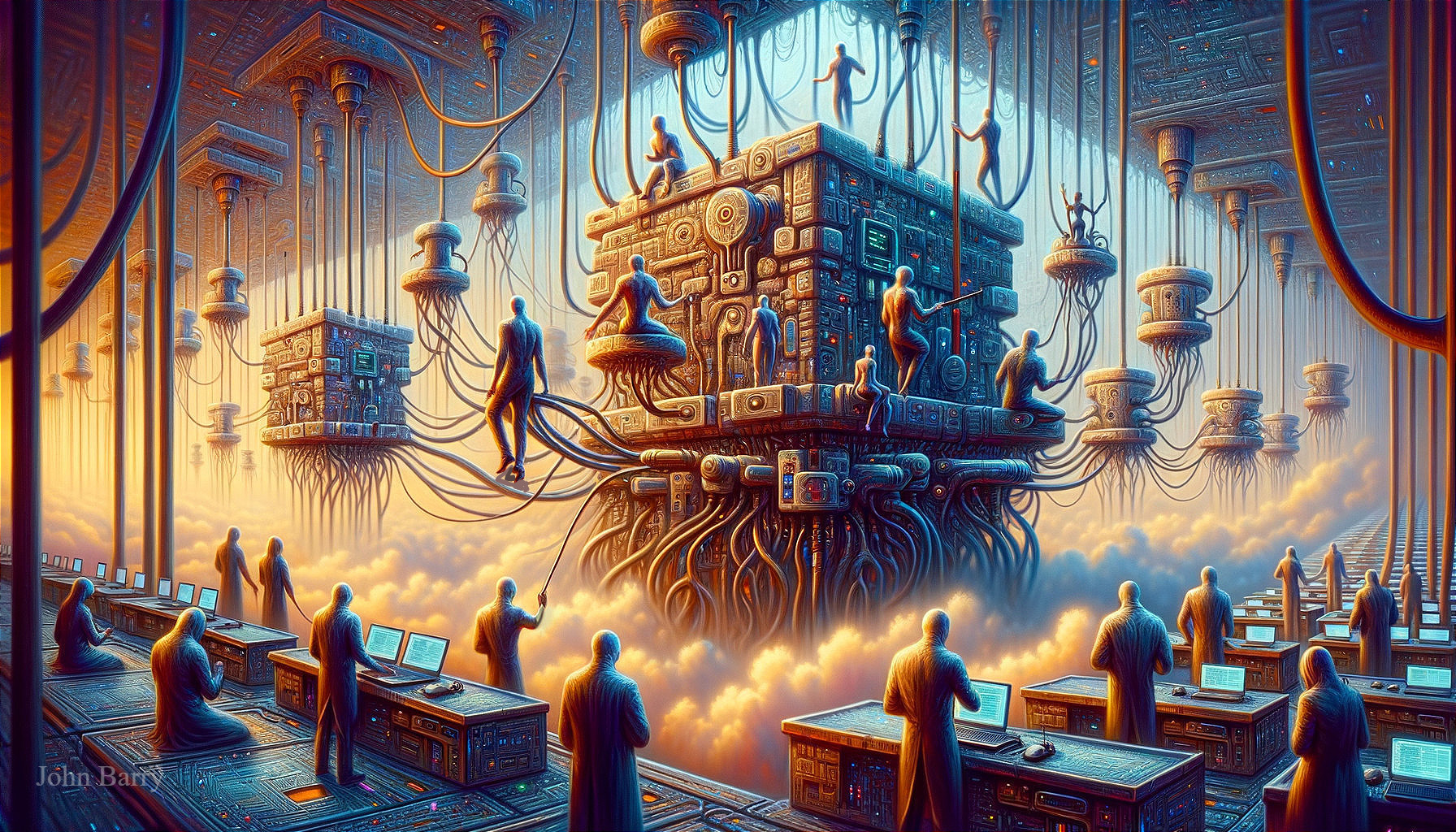Surreal Futuristic Landscape with Humanoid Figures