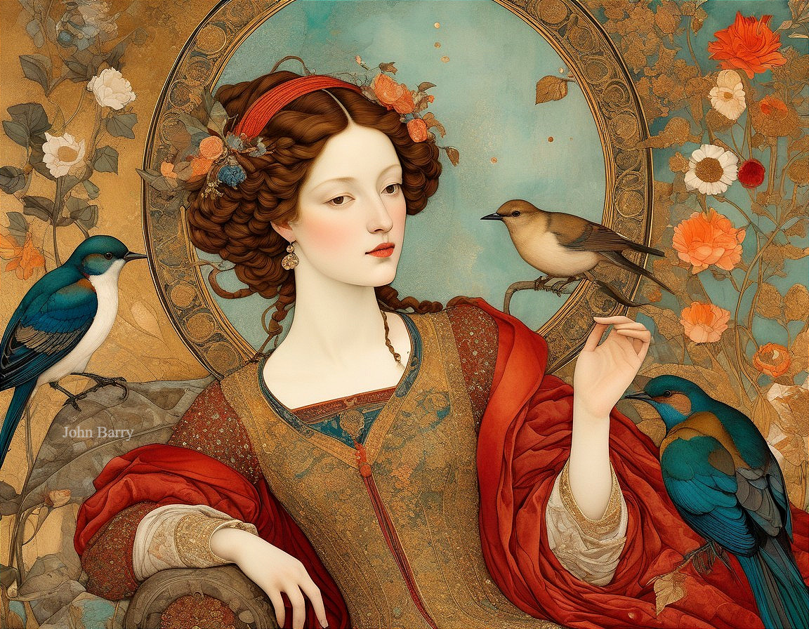 Renaissance Woman Surrounded by Birds and Flowers