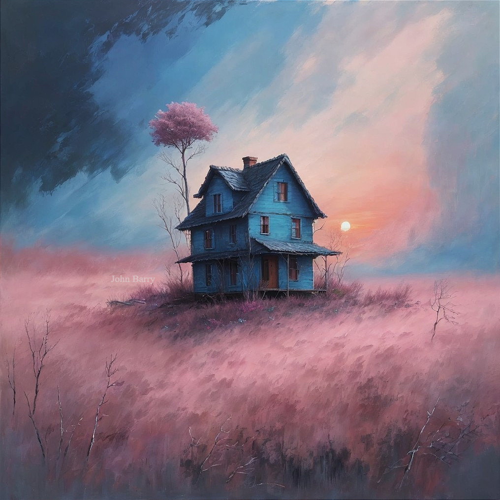 Blue Wooden House on Hill with Pink Grass and Sunset