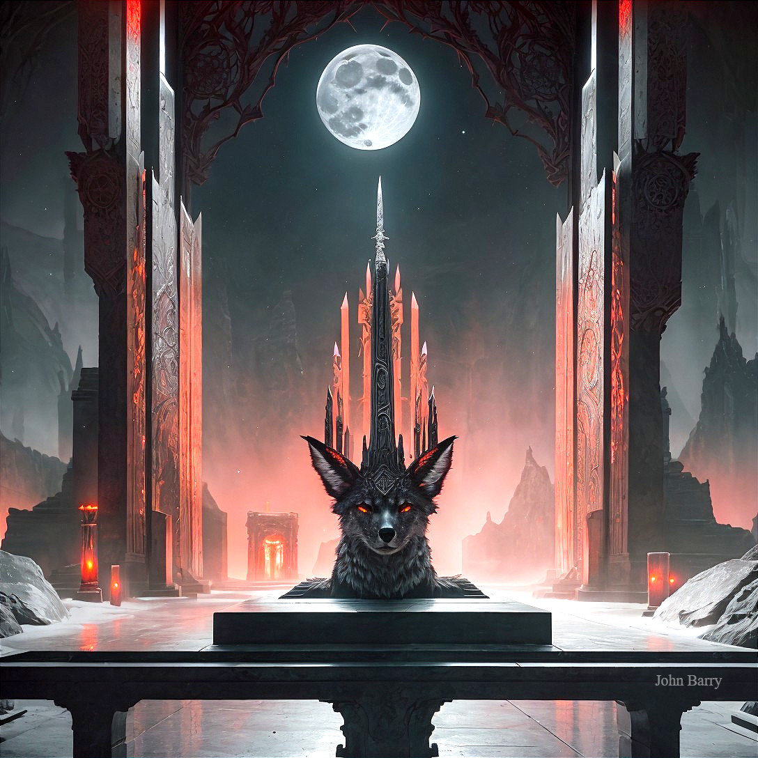 Majestic wolf on ornate pedestal in gothic landscape