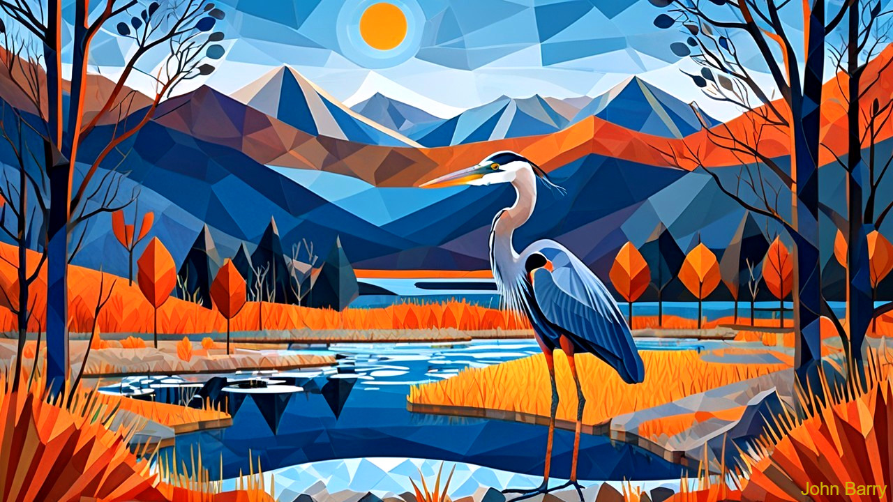 Vibrant Geometric Landscape with Heron and Pond