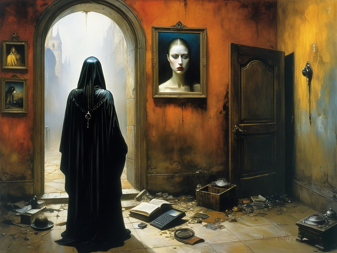 Cloaked Figure in Dim Corridor with Eerie Portraits
